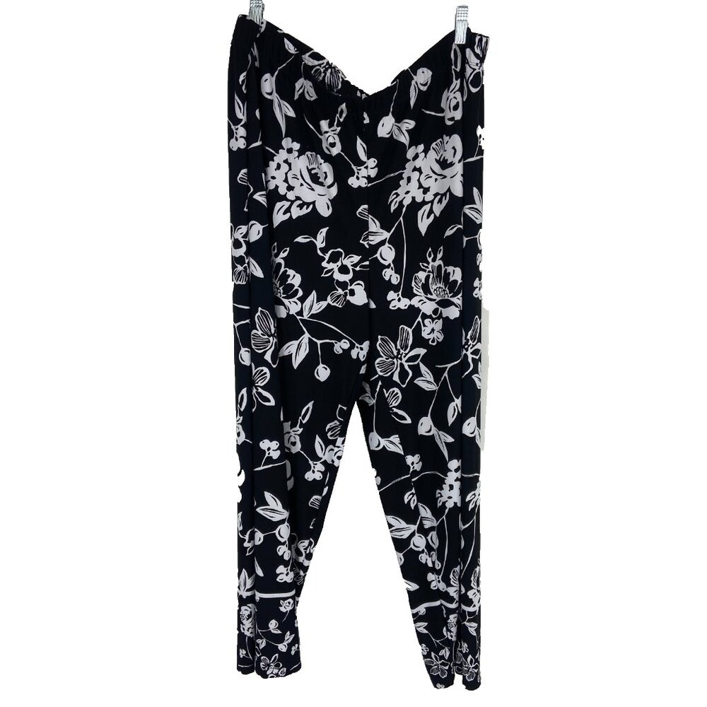 Susan Graver Women 1X Floral Pull On Pant Cropped Black Tapered Ankle Vacation